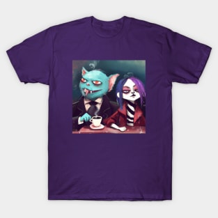 Sophisticated Blue Lizard Cat Drinks Coffee with His Edgy Girlfriend T-Shirt